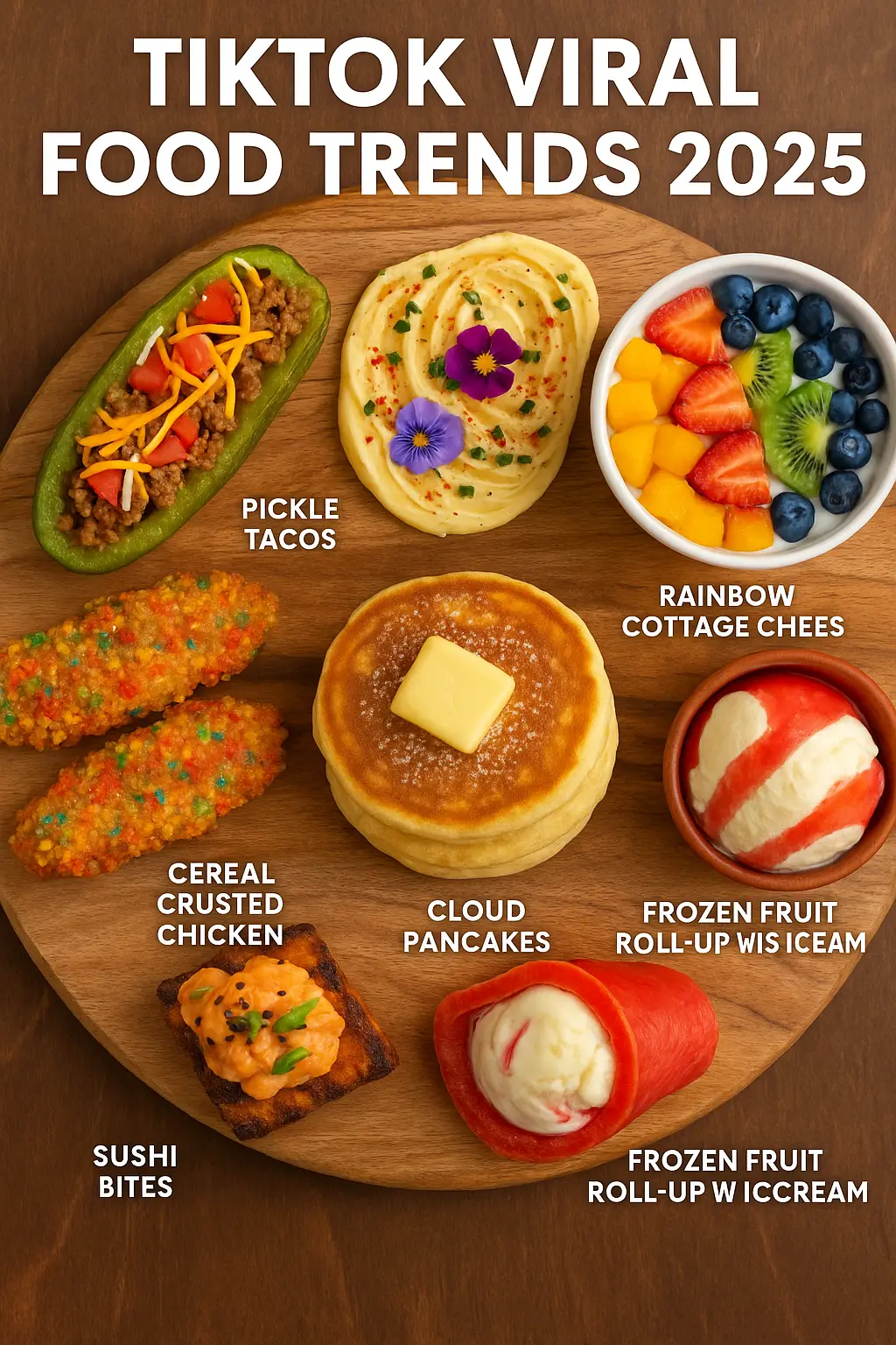 TikTok Viral Food Trends 2025 Dishes Displayed on a Wooden Board